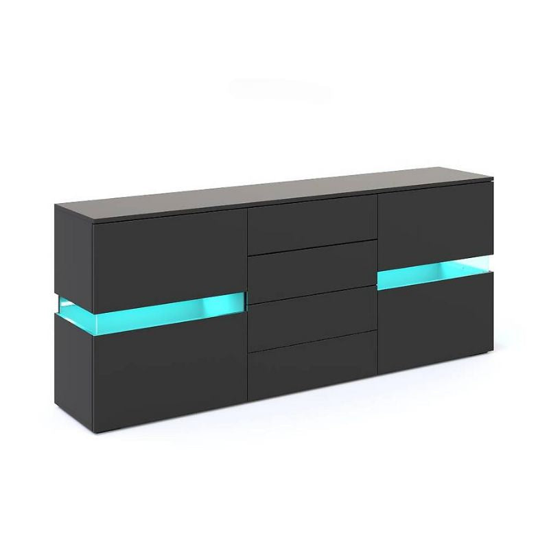 Buffet Sideboard Cabinet High Gloss RGB LED Storage Cupboard with 2 Doors & 4 Drawers Black