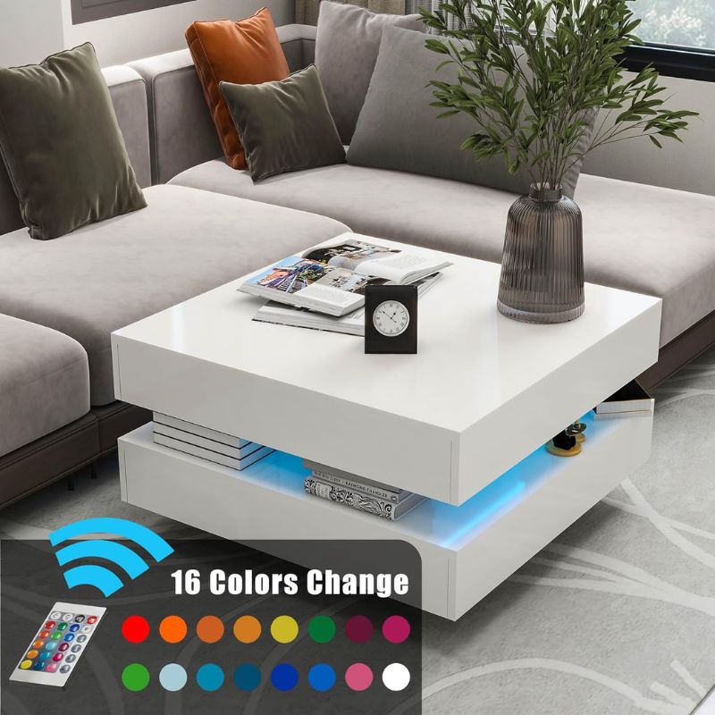 Modern Large High Gloss Coffee Table With LED Lights White