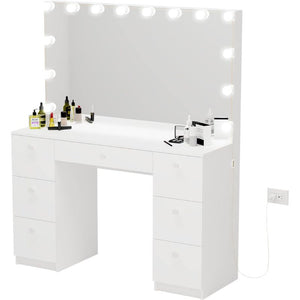 Alice Framed 7 Drawer Hollywood Dresser Vanity with Mirror & Lights, and Stool