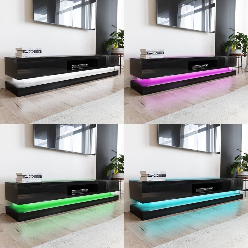 Modern High Gloss LED RGB TV Entertainment Unit with Storage 220cm - Black