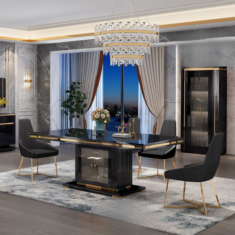 Asta Luxury Glass Top High Gloss Dining Table Black & Gold with 4 Chairs