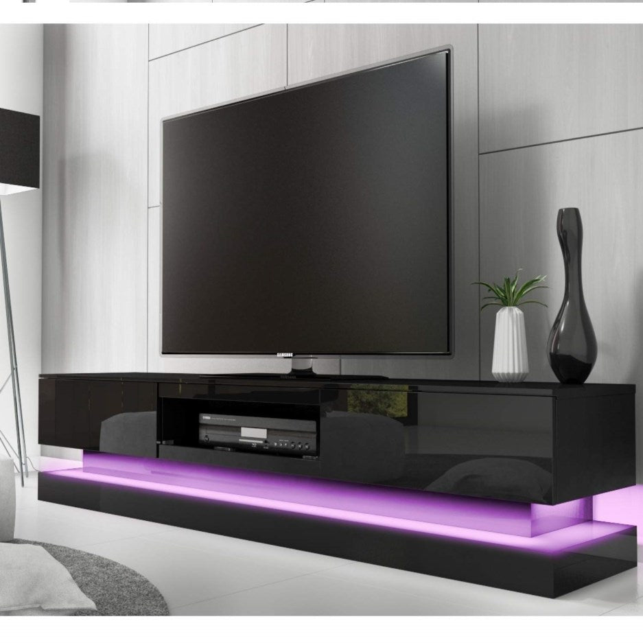 Modern High Gloss LED RGB TV Entertainment Unit with Storage 220cm - Black