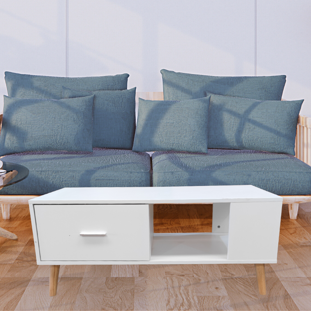 White Coffee Table Storage Drawer & Open Shelf With Wooden Legs