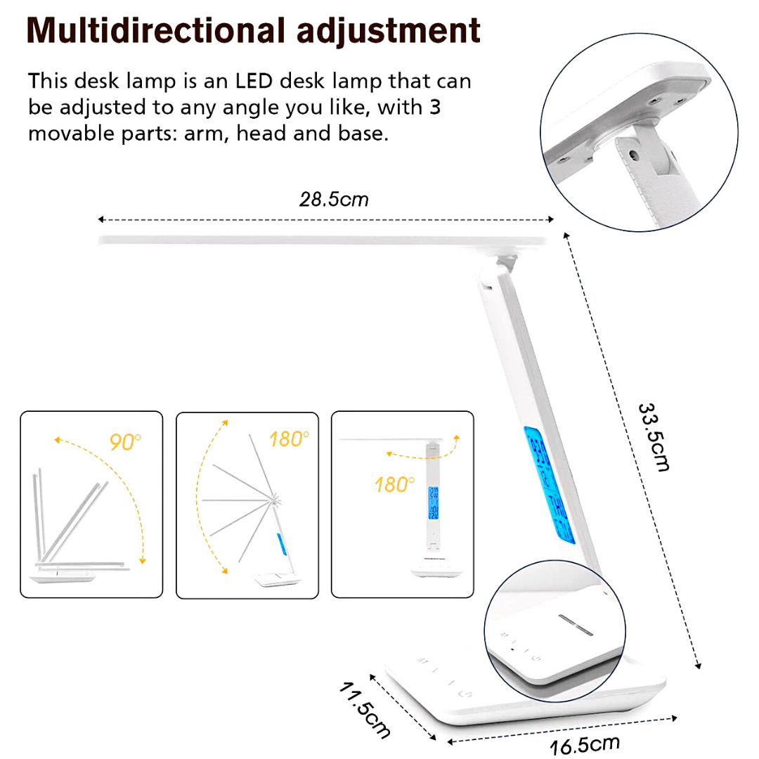 LED Desk Lamp with Fast Wireless Charger Clock Alarm Date Temperature