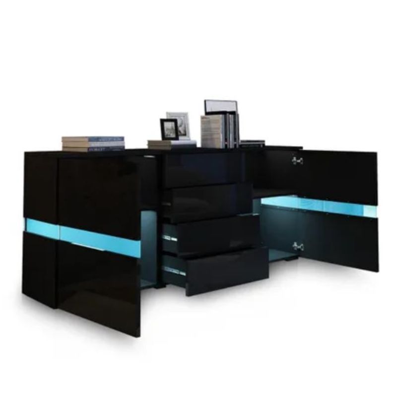 Buffet Sideboard Cabinet High Gloss RGB LED Storage Cupboard with 2 Doors & 4 Drawers Black